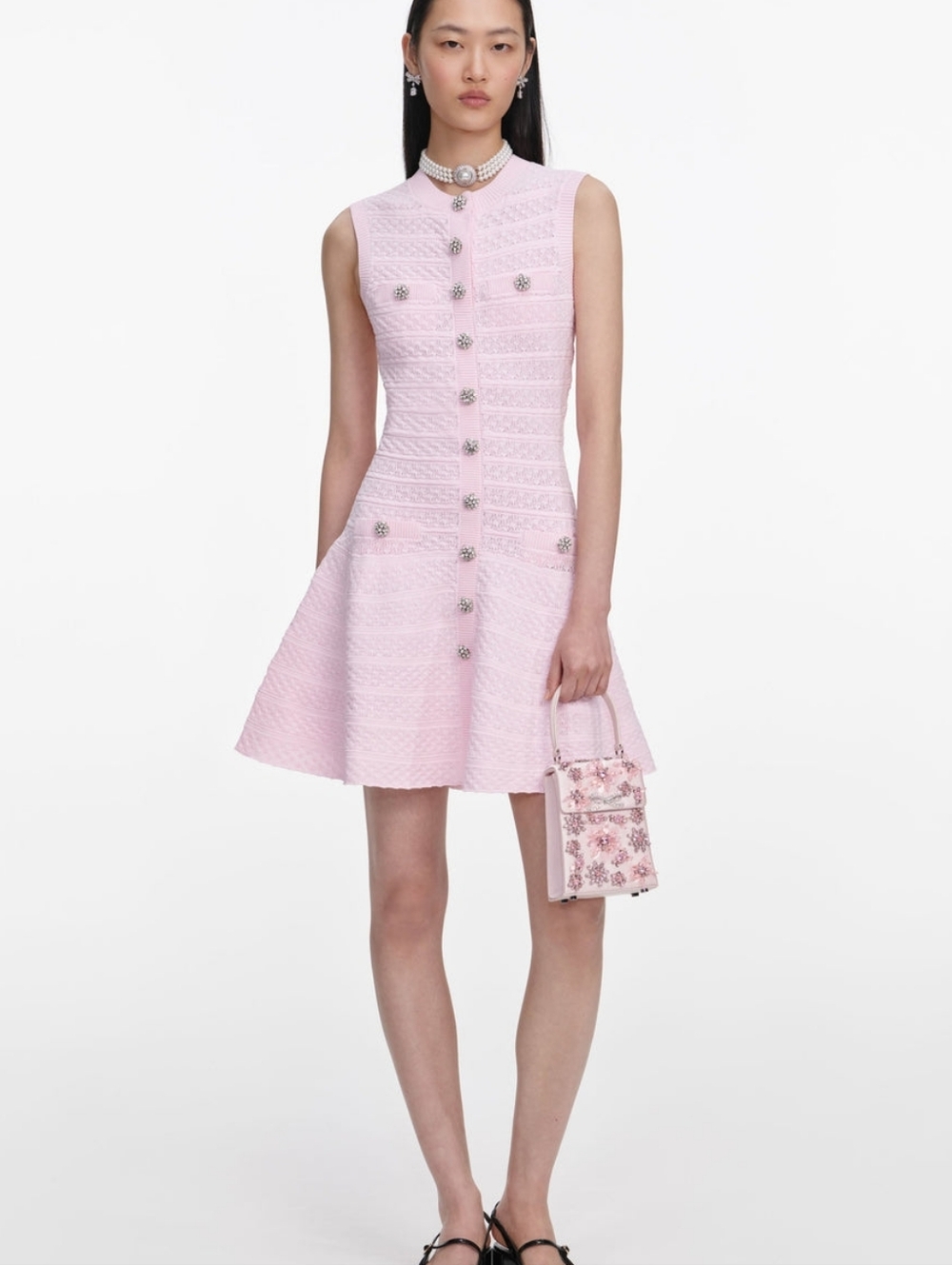 Self Portrait Pink Pointelle Diamante Knit Mini Dress